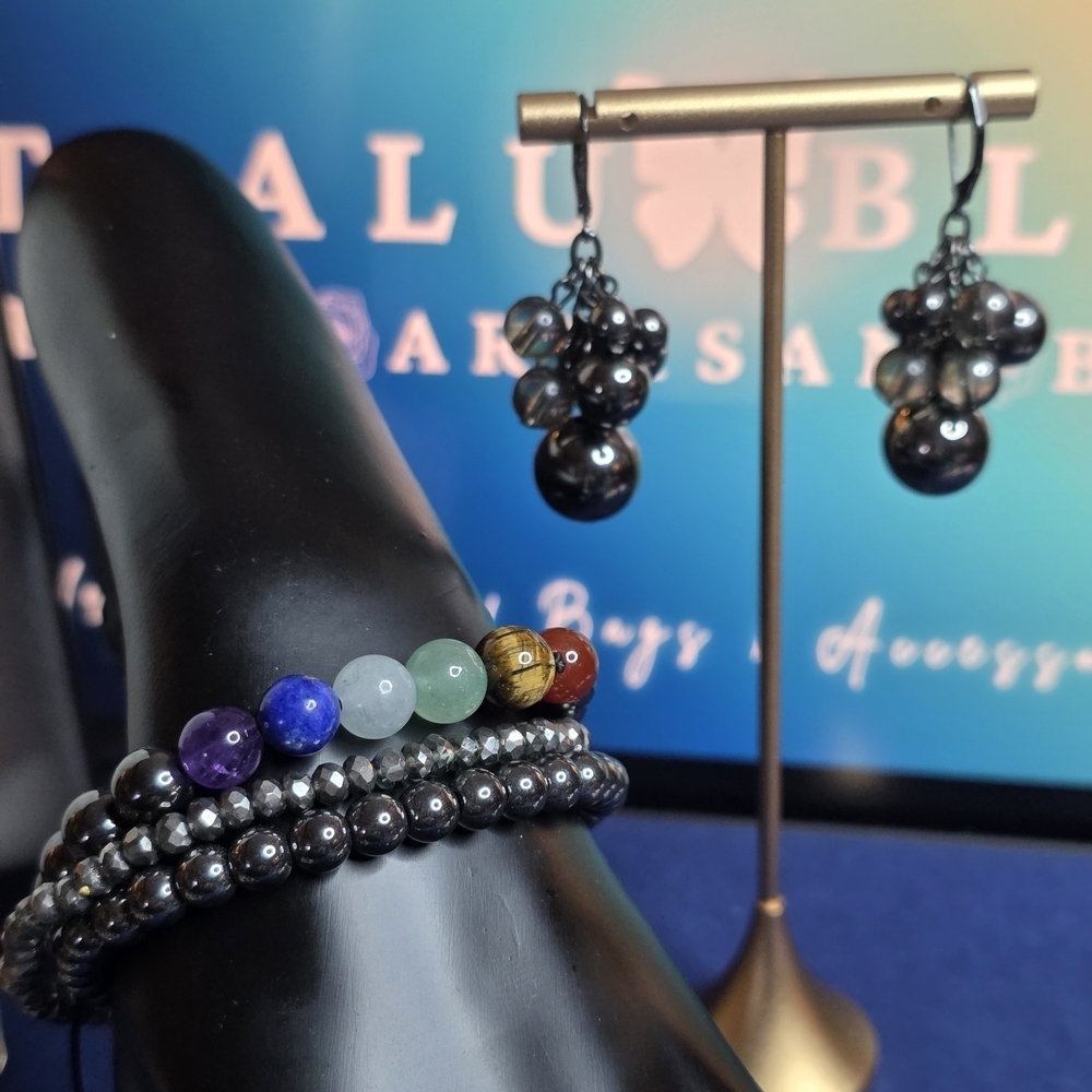 Hematite Chakra Natural Stone Bracelet Set 3 Adjustable + Drop Earrings 612